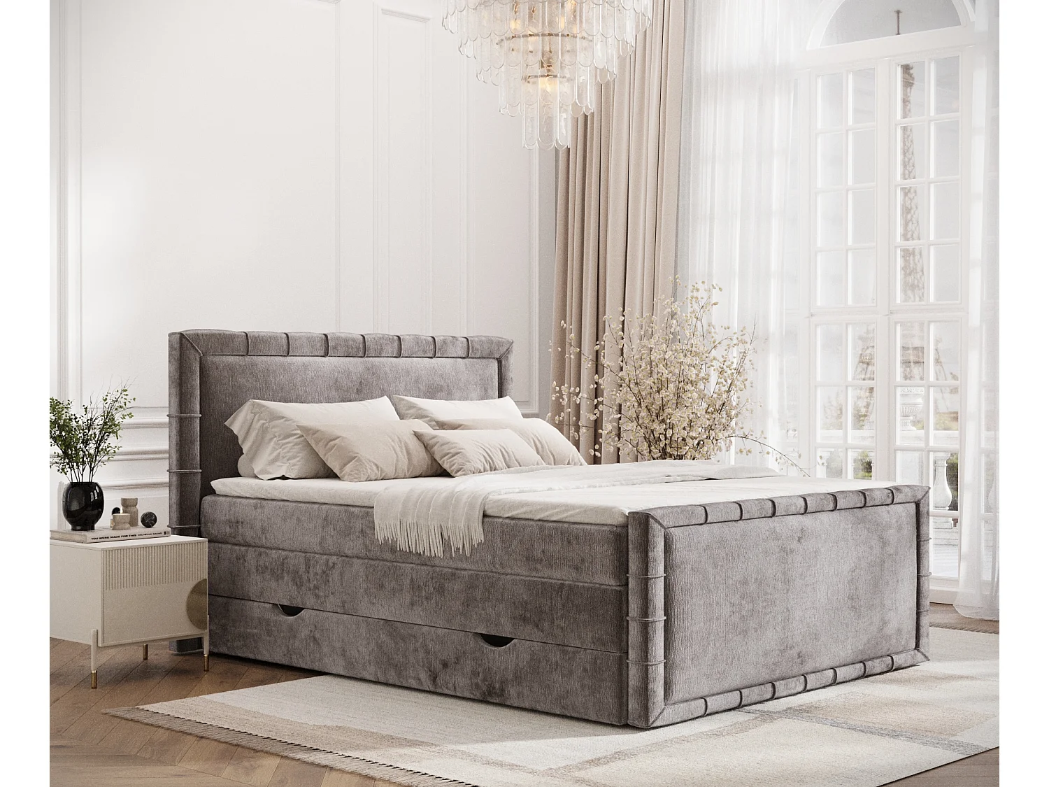 Boxspringbett im Chenille-Stoff Estelle - Matratze - Topper - 180x200 cm - beige