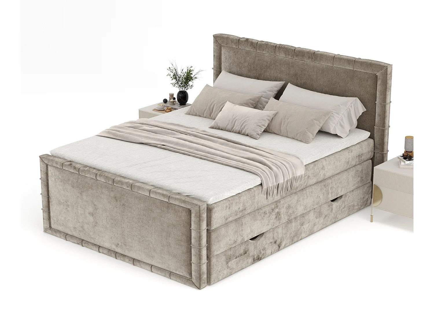 Boxspringbett im Chenille-Stoff Estelle - Matratze - Topper - 180x200 cm - beige
