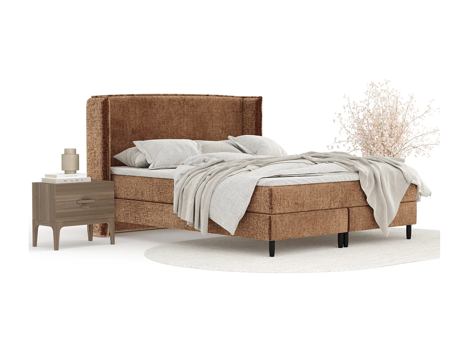 Lit boxspring en tissu chenille Ardis - matelas - surmatelas - 160x200 cm - couleur cuivre