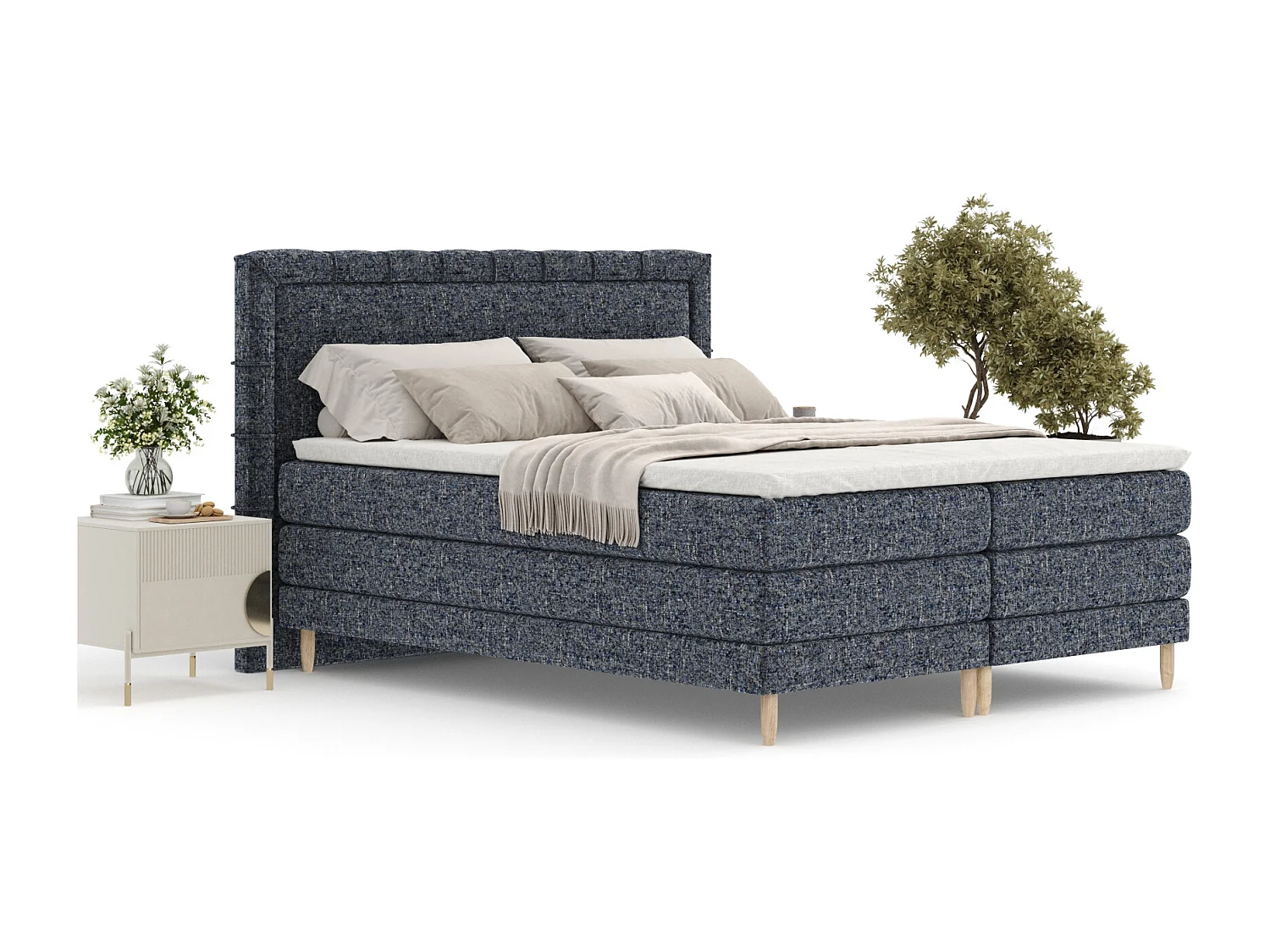 Boxspringbett aus Webstoff Rimini - Matratze - Toppermatratze - 140x200 cm - marineblau