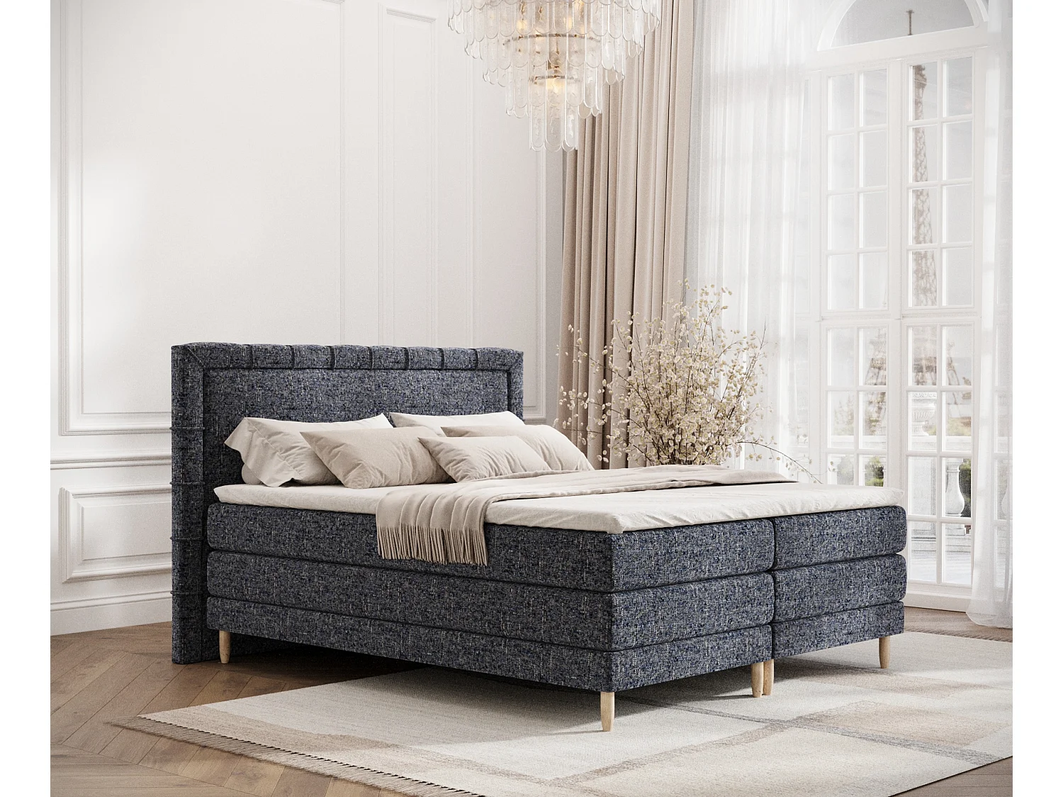 Łóżko boxspring w tkaninie plecionej Rimini - materac - topper - 140x200 cm - granatowy