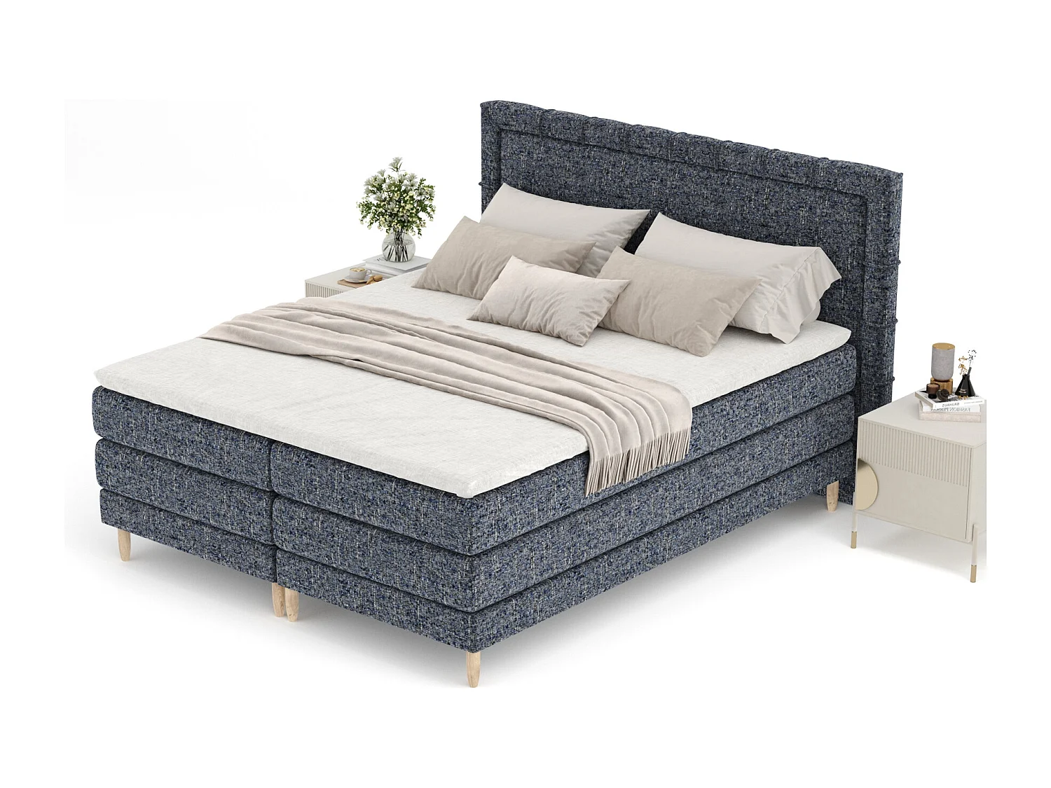 Łóżko boxspring w tkaninie plecionej Rimini - materac - topper - 140x200 cm - granatowy