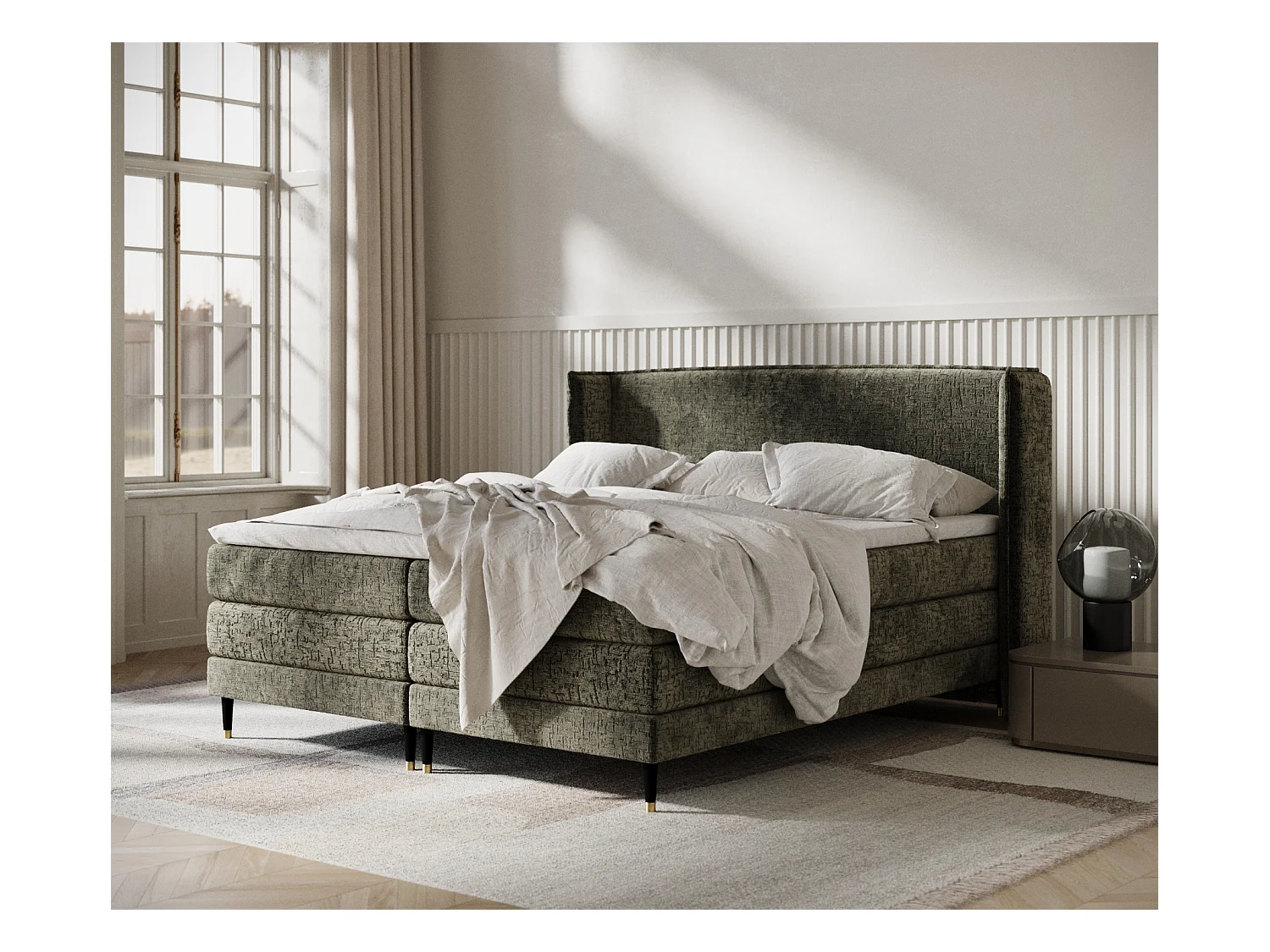 Lit boxspring en tissu chenille Carizzo - matelas - surmatelas - 140x200 cm - vert olive