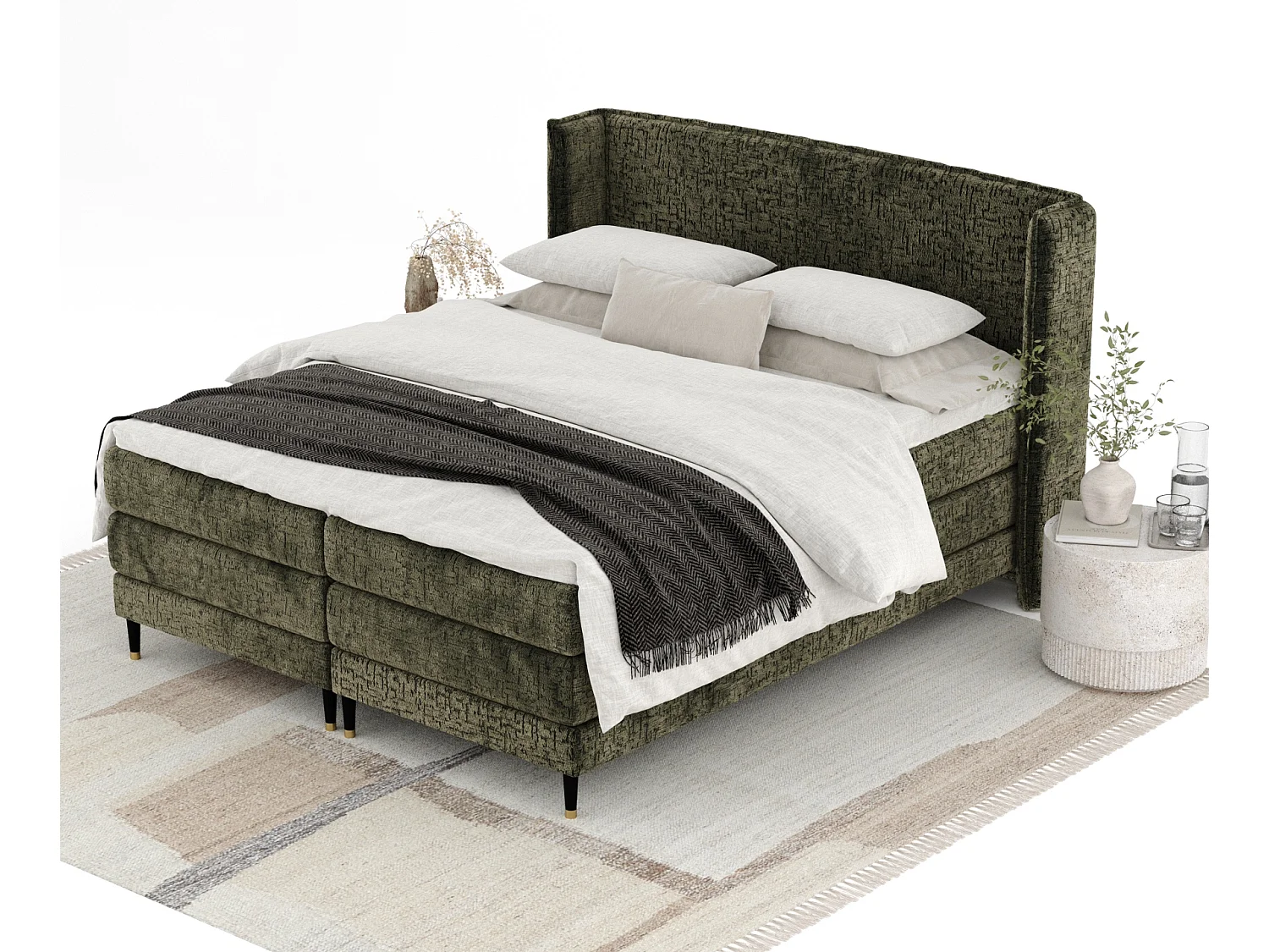 Boxspringbett aus Chenille-Stoff Carizzo - Matratze - Toppermatratze - 140x200 cm - olivenfarbe