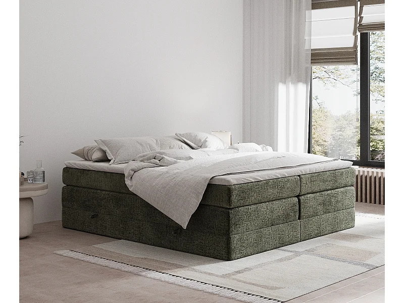 Łóżko boxspring w tkaninie szenilowej Juniper - materac - topper - 140x200 cm - oliwkowy