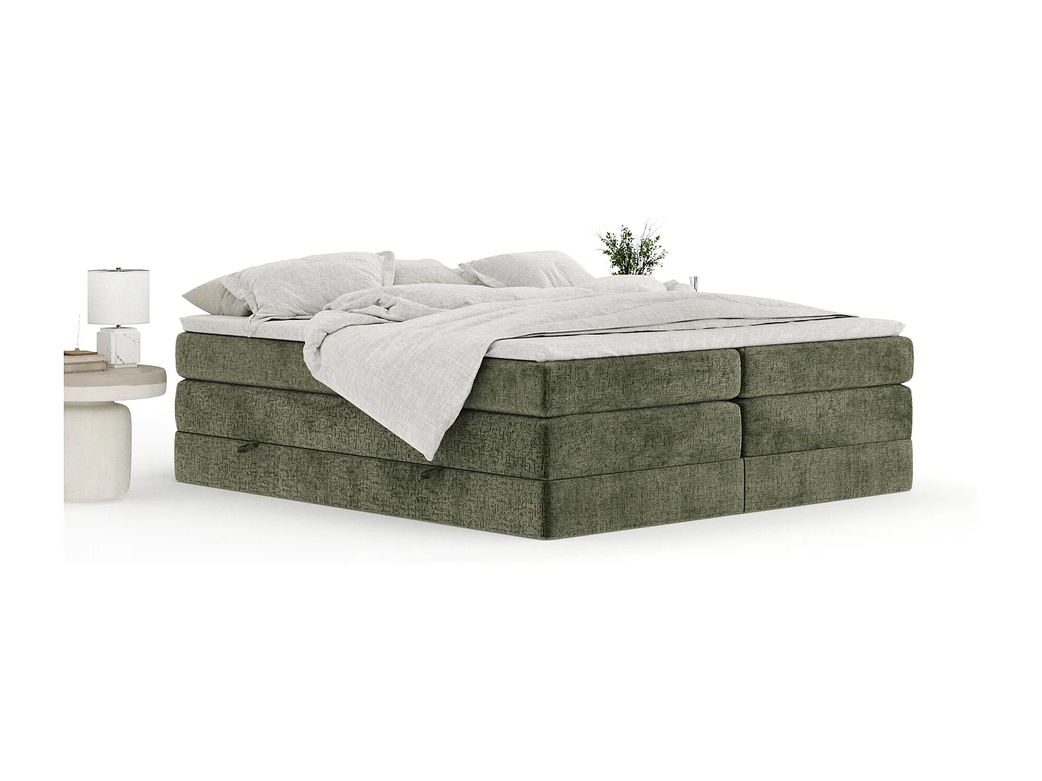Boxspringbett aus Chenille-Stoff Juniper - Matratze - Toppermatratze - 140x200 cm - olivenfarbe