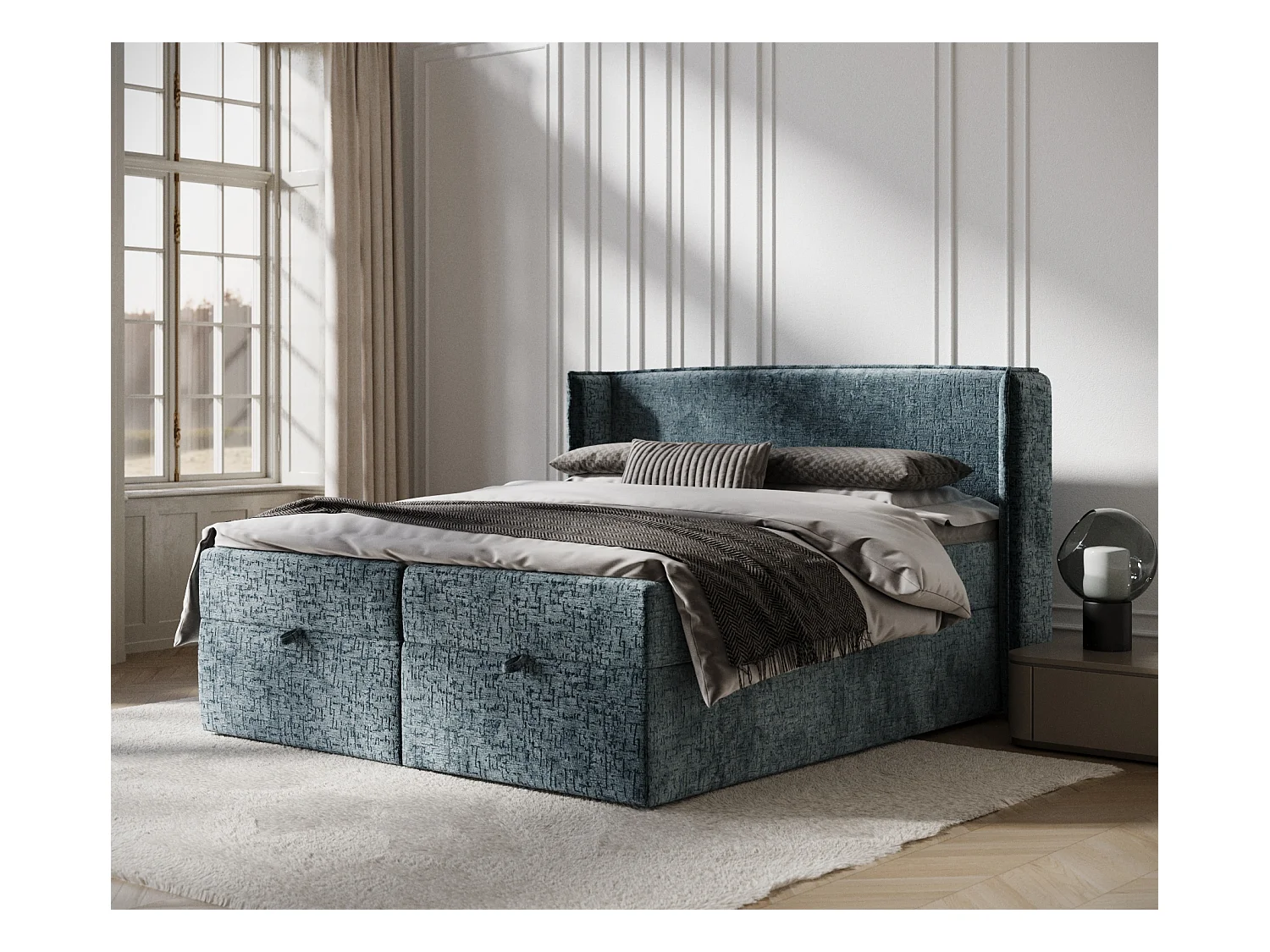 Lit boxspring en tissu chenille Passion - matelas - surmatelas - 140x200 cm - bleu