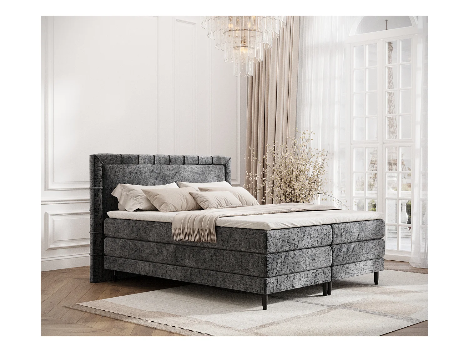 Lit boxspring en tissu chenille Rimini - matelas - surmatelas - 160x200 cm - anthracite
