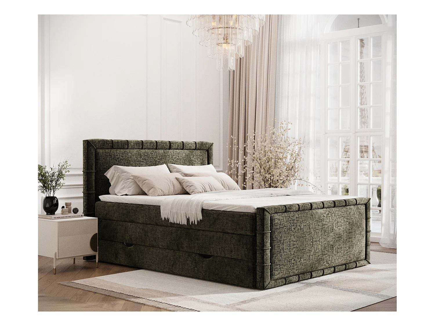 Lit boxspring en tissu chenille Estelle - matelas - surmatelas - 160x200 cm - vert olive
