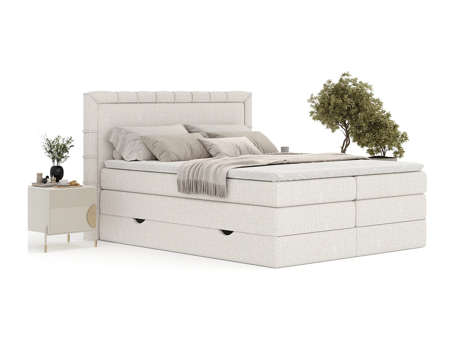 Boxspringbett aus Webstoff Rosabel - Matratze - Toppermatratze - 200x200 cm - beige