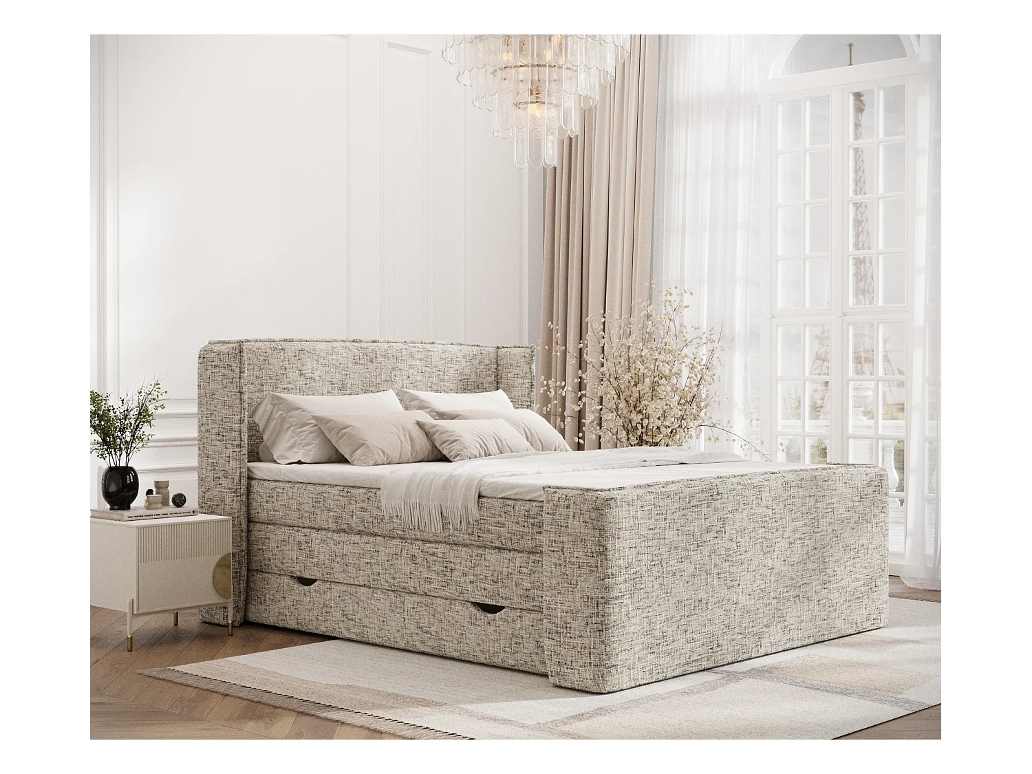 Lit boxspring en toile tissée Freeland - matelas - surmatelas - 160x200 cm - beige mélangé