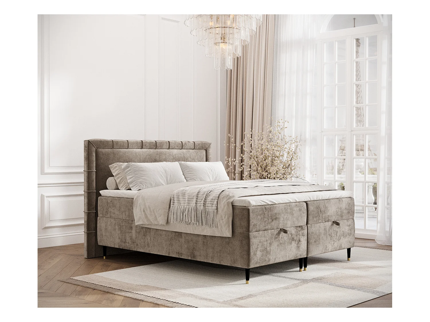 Lit boxspring en tissu chenille Voyage - matelas - surmatelas - 160x200 cm - beige