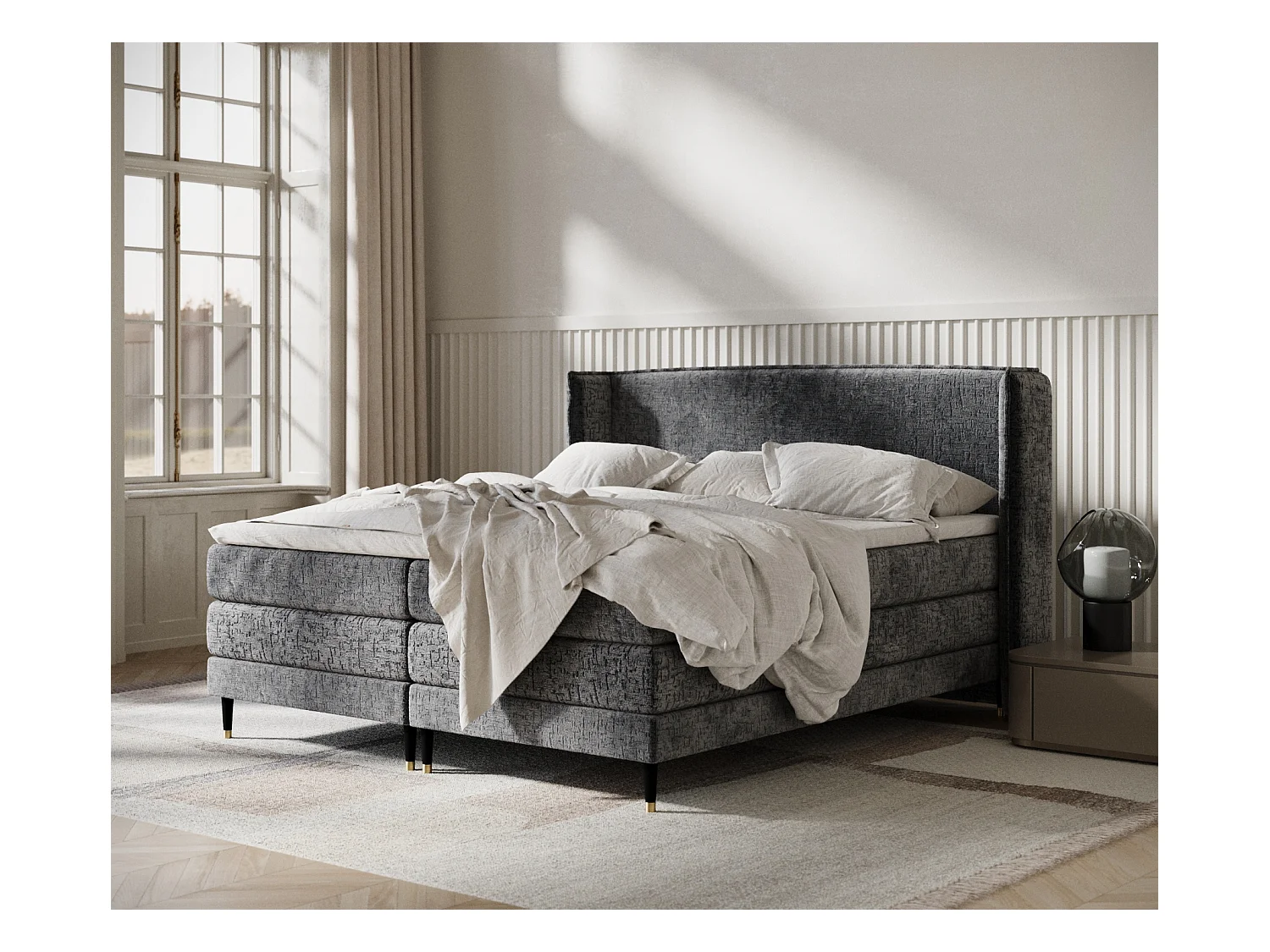 Lit boxspring en tissu chenille Carizzo - matelas - surmatelas - 140x200 cm - anthracite