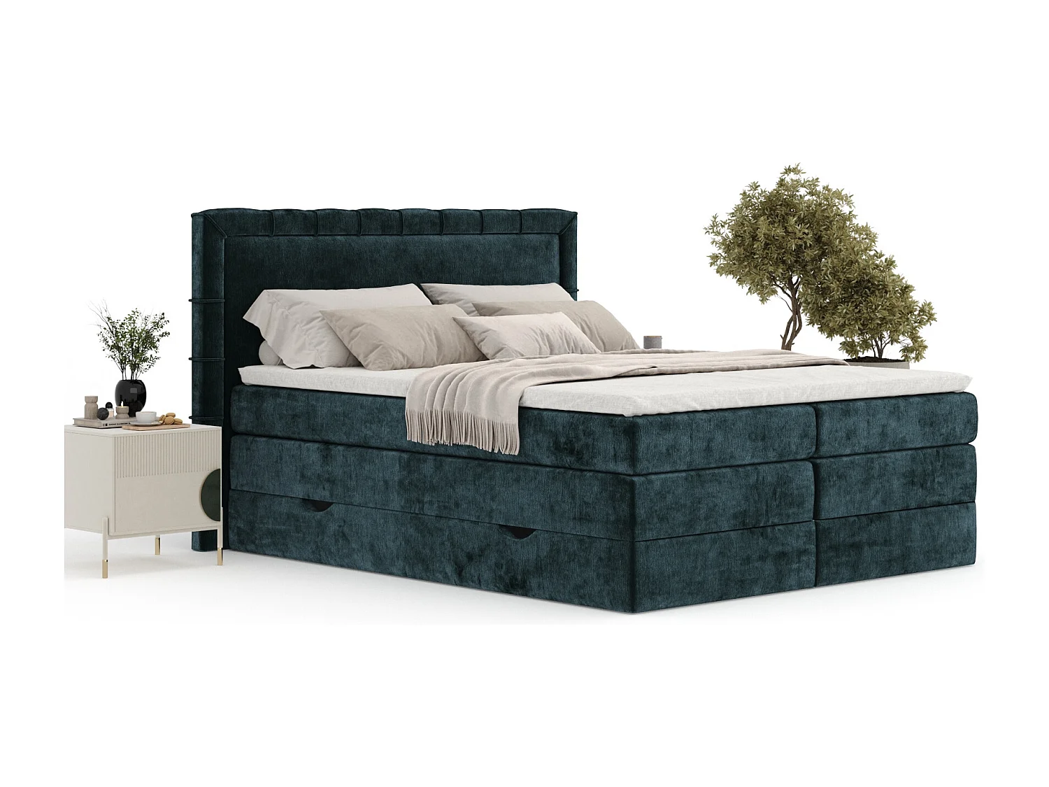 Boxspringbett aus Chenille-Stoff Rosabel - Matratze - Toppermatratze - 200x200 cm - blaugrüne