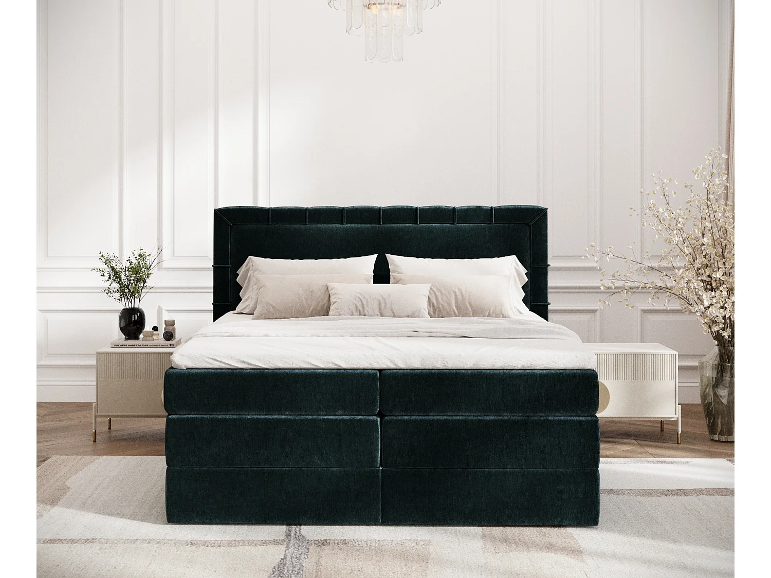 Boxspringbett aus Chenille-Stoff Rosabel - Matratze - Toppermatratze - 200x200 cm - blaugrüne