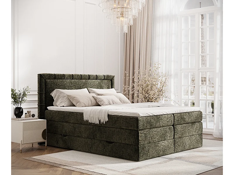 Łóżko boxspring w tkaninie szenilowej Rosabel - materac - topper - 180x200 cm - oliwkowy