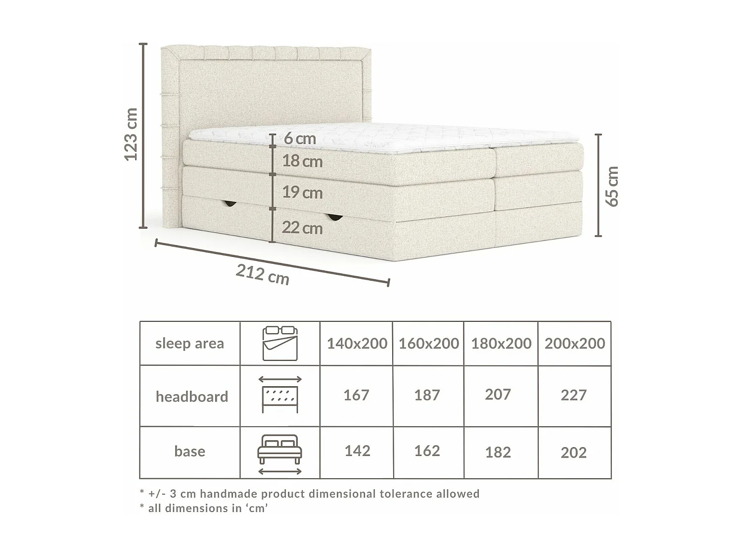 Boxspringbett aus Boucle-Stoff Rosabel - matelas - surmatelas - 140x200 cm - beige