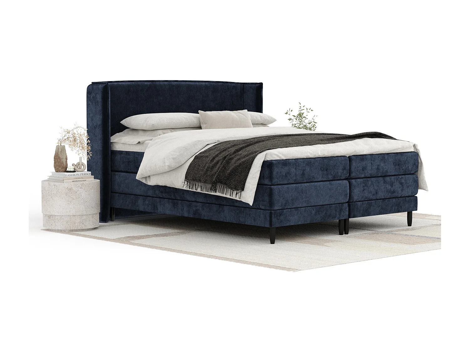 Lit boxspring en tissu chenille Carizzo - matelas - surmatelas - 180x200 cm - bleu marine