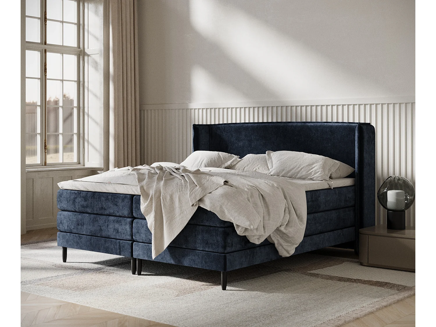 Boxspringbett aus Chenille-Stoff Carizzo - Matratze - Toppermatratze - 180x200 cm - marineblau