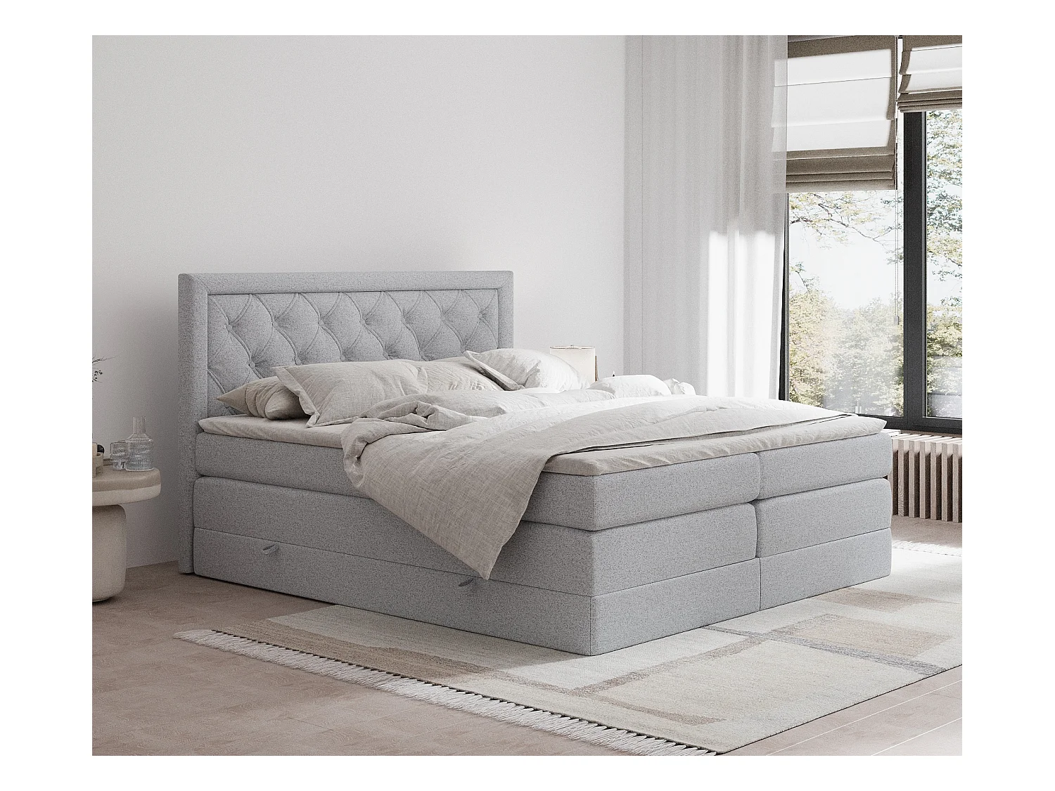 Lit boxspring en toile tissée Aurelia - matelas - surmatelas - 140x200 cm - gris clair