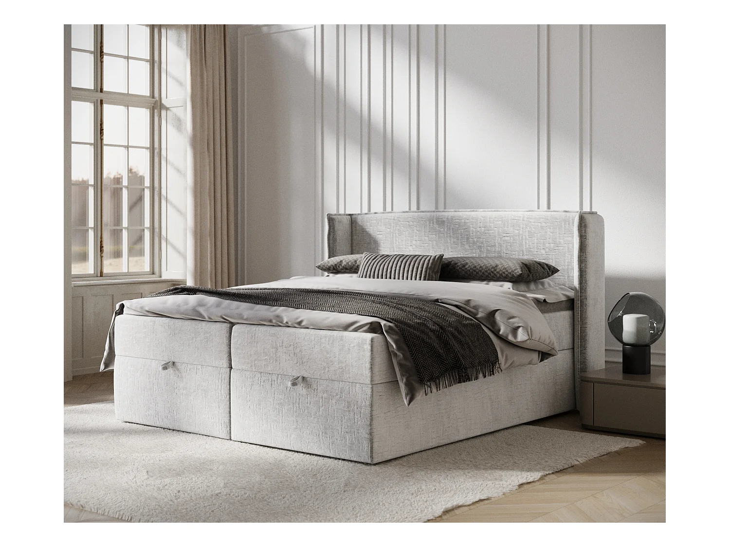 Lit boxspring en tissu chenille Passion - matelas - surmatelas - 200x200 cm - gris clair