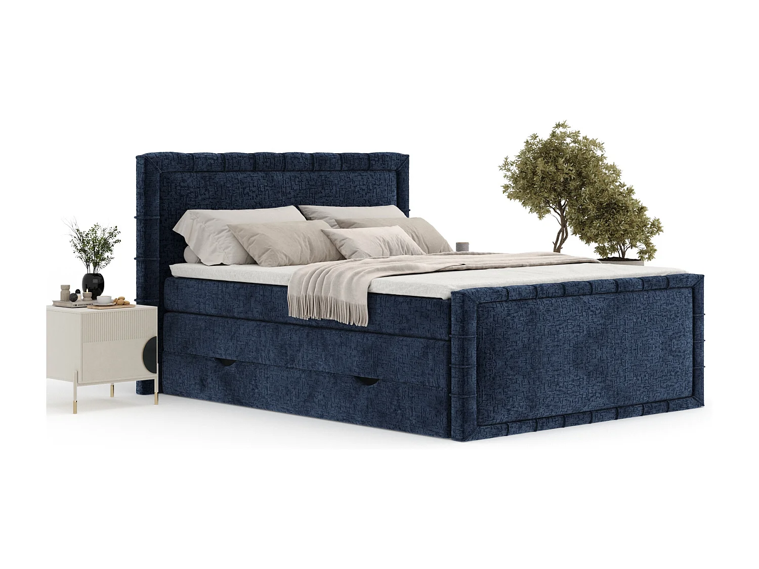 Lit boxspring en tissu chenille Estelle - matelas - surmatelas - 200x200 cm - bleu marine