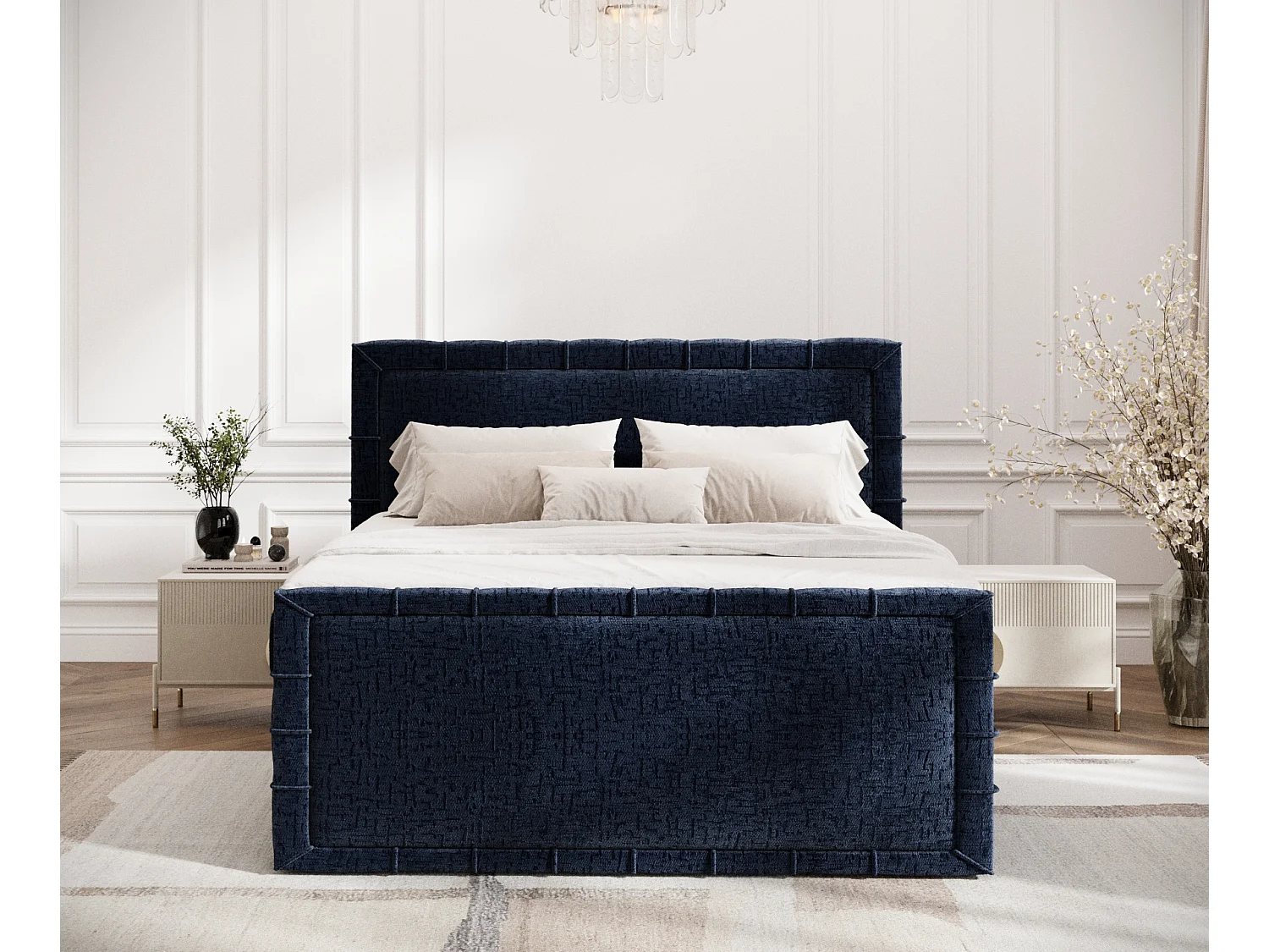 Lit boxspring en tissu chenille Estelle - matelas - surmatelas - 200x200 cm - bleu marine
