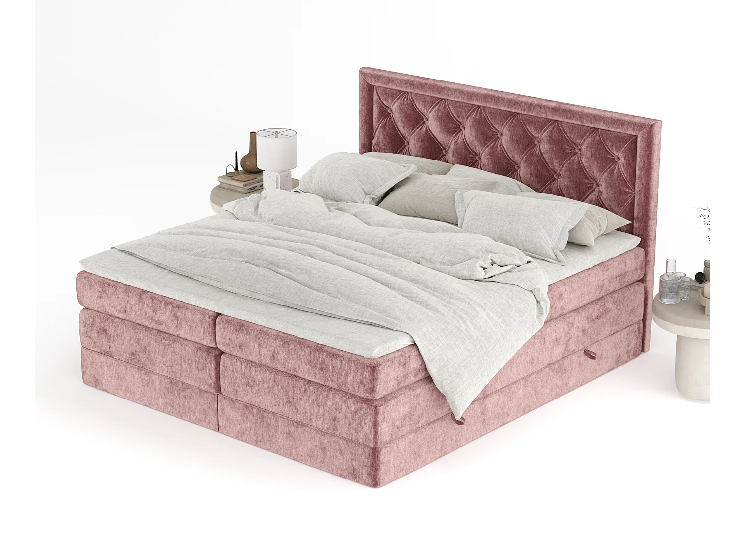 Boxspringbett aus Chenille-Stoff Aurelia - Matratze - Toppermatratze - 200x200 cm - rosa