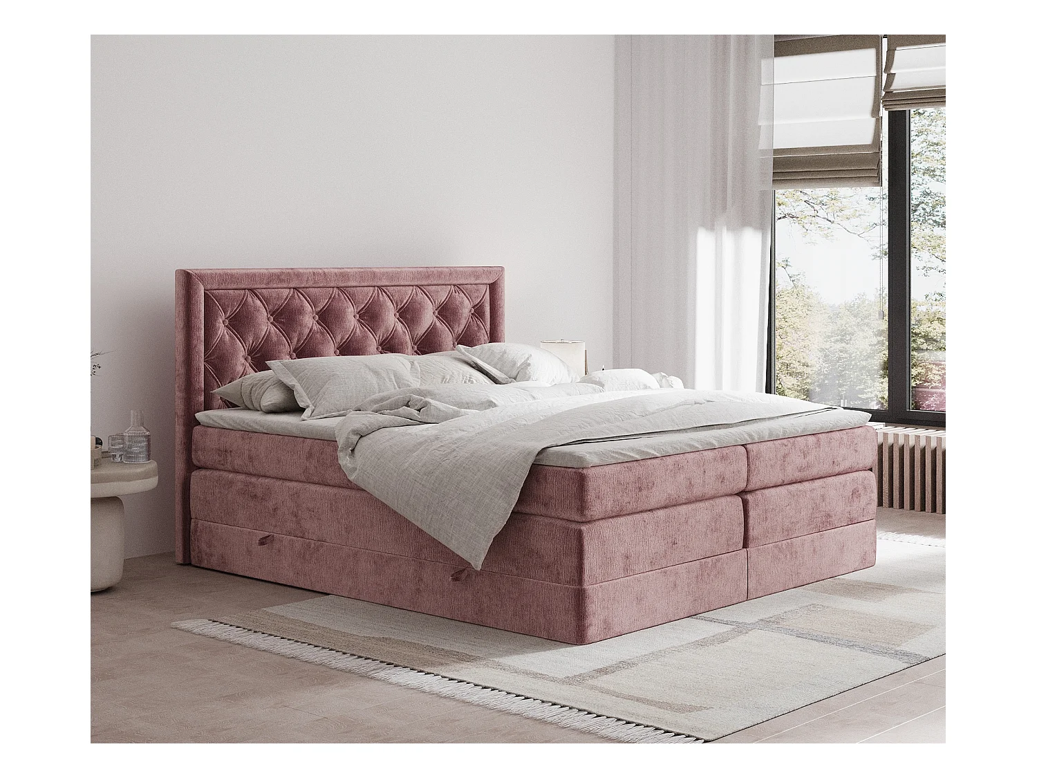 Lit boxspring en tissu chenille Aurelia - matelas - surmatelas - 200x200 cm - rose