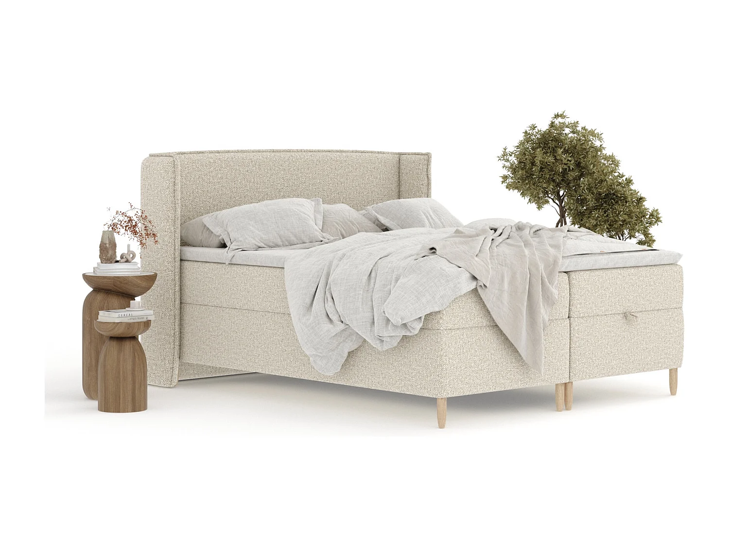 Boxspringbett aus Boucle-Stoff Monpelli - Matratze - Toppermatratze - 180x200 cm - beige