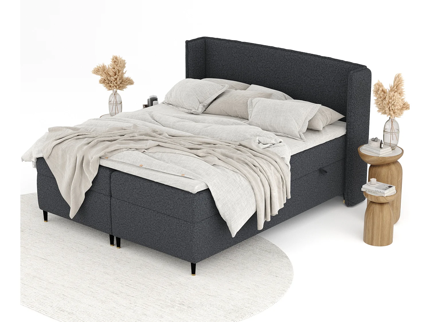 Lit boxspring en toile tissée Segni - matelas - surmatelas - 160x200 cm - noir
