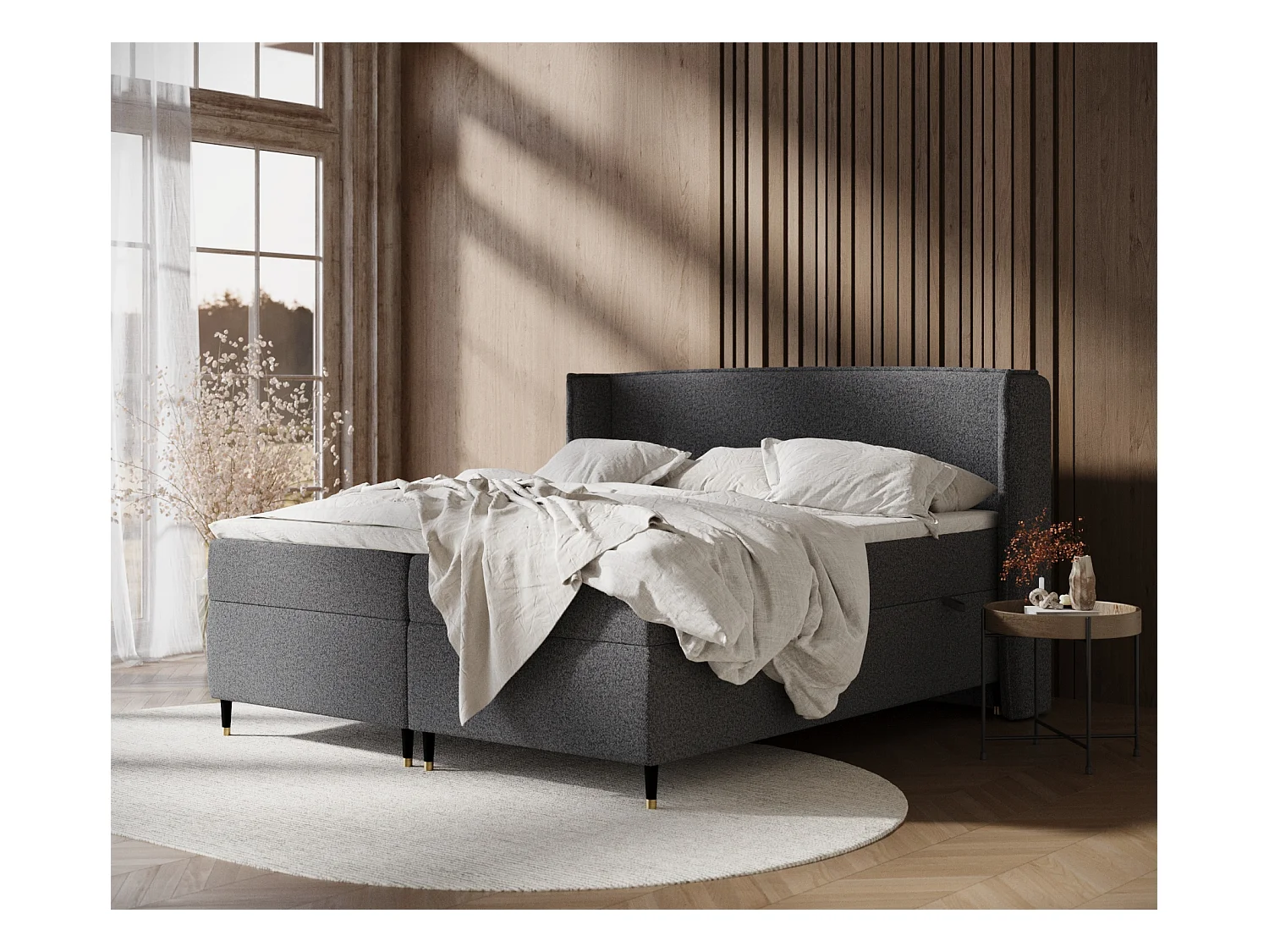 Lit boxspring en toile tissée Segni - matelas - surmatelas - 160x200 cm - noir