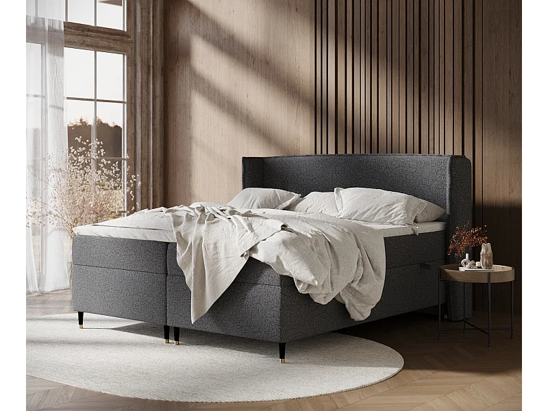 Lit boxspring en toile tissée Segni - matelas - surmatelas - 160x200 cm - noir