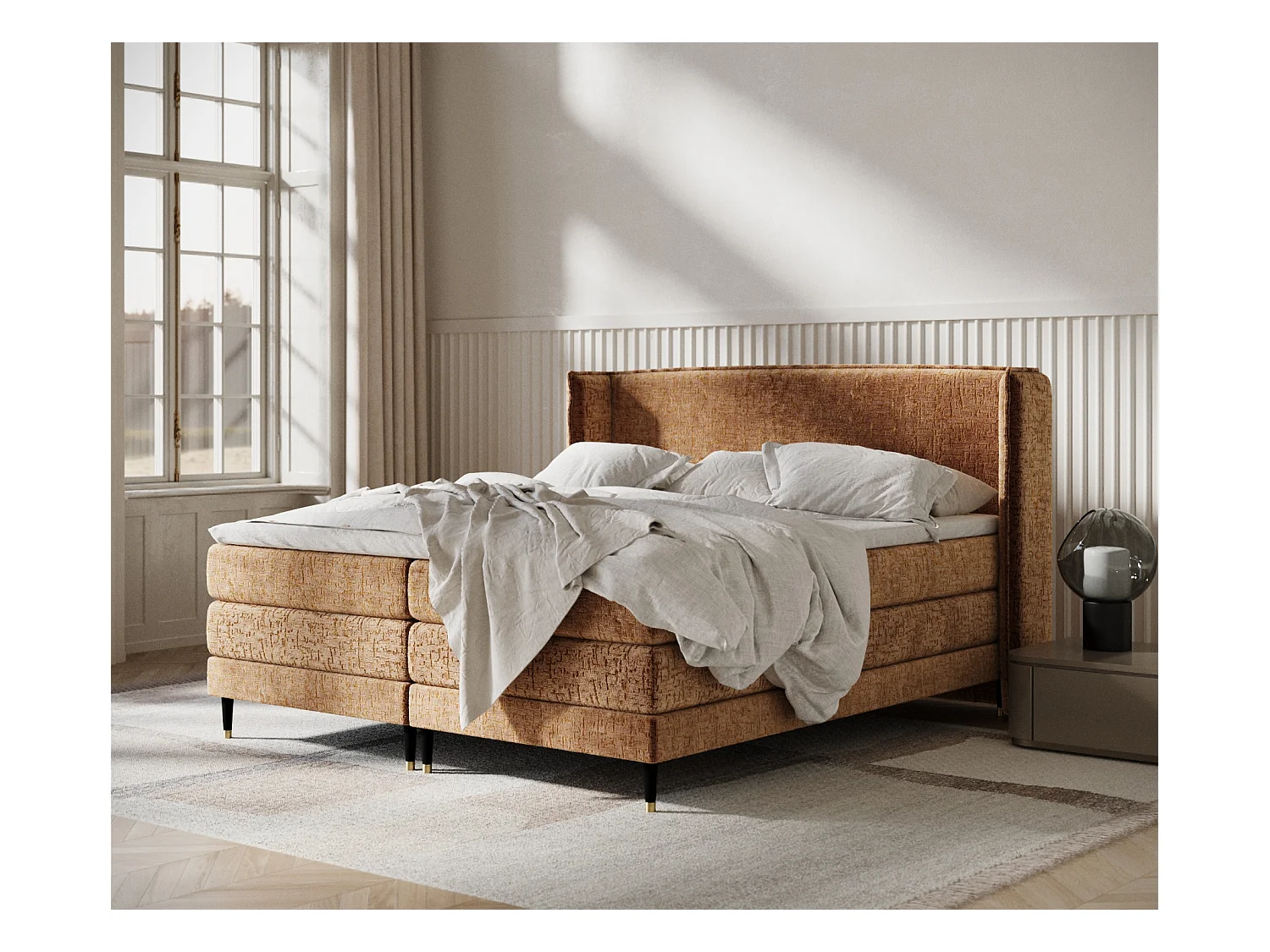 Lit boxspring en tissu chenille Carizzo - matelas - surmatelas - 160x200 cm - couleur cuivre