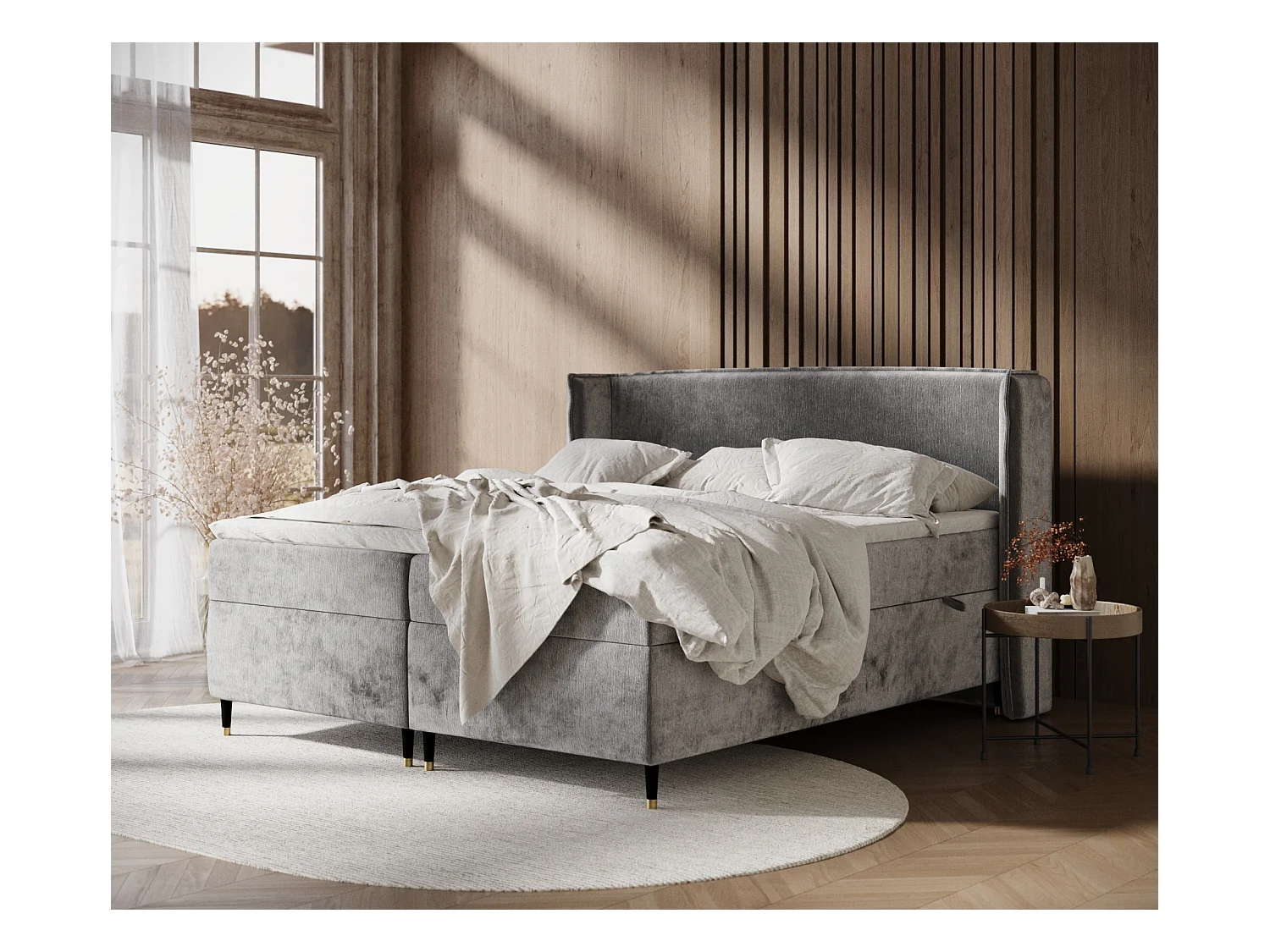 Lit boxspring en tissu chenille Segni - matelas - surmatelas - 160x200 cm - gris