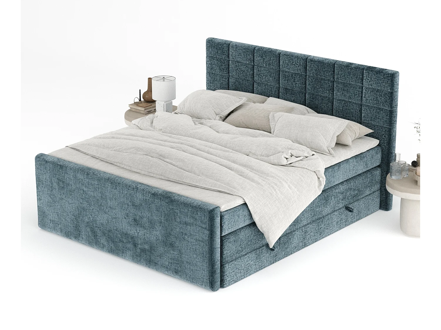 Boxspringbett aus Chenille-Stoff Ava - Matratze - Toppermatratze - 140x200 cm - blau