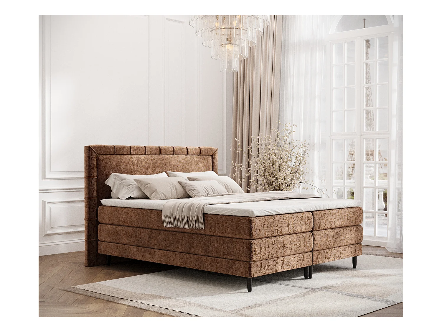 Lit boxspring en tissu chenille Rimini - matelas - surmatelas - 160x200 cm - couleur cuivre