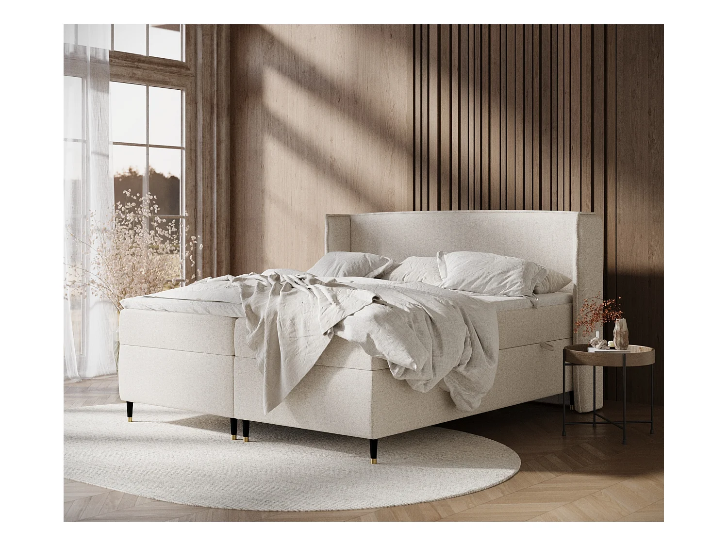 Lit boxspring en toile tissée Segni - matelas - surmatelas - 140x200 cm - beige