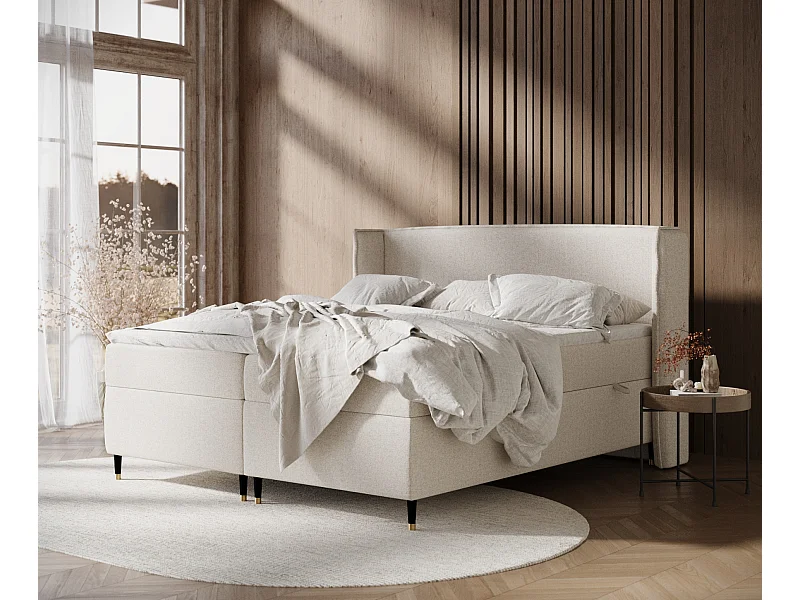 Lit boxspring en toile tissée Segni - matelas - surmatelas - 140x200 cm - beige