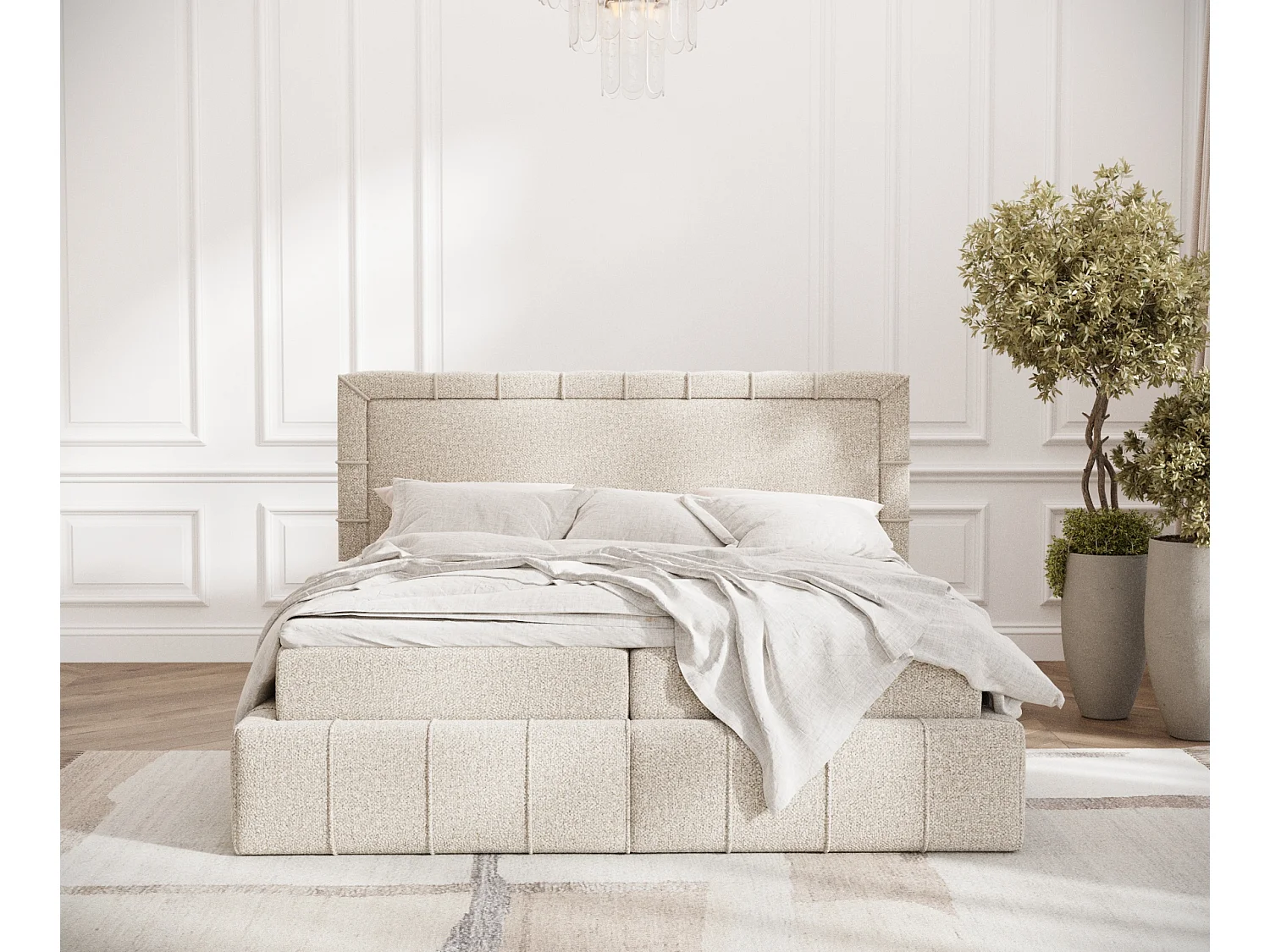 Boxspringbett aus Boucle-Stoff Sundown - Matratze - Toppermatratze - 140x200 cm - beige