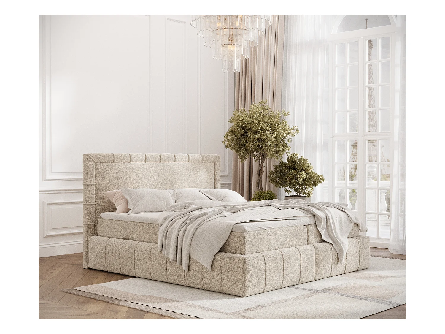Lit boxspring en tissu bouclette Sundown - matelas - surmatelas - 140x200 cm - beige