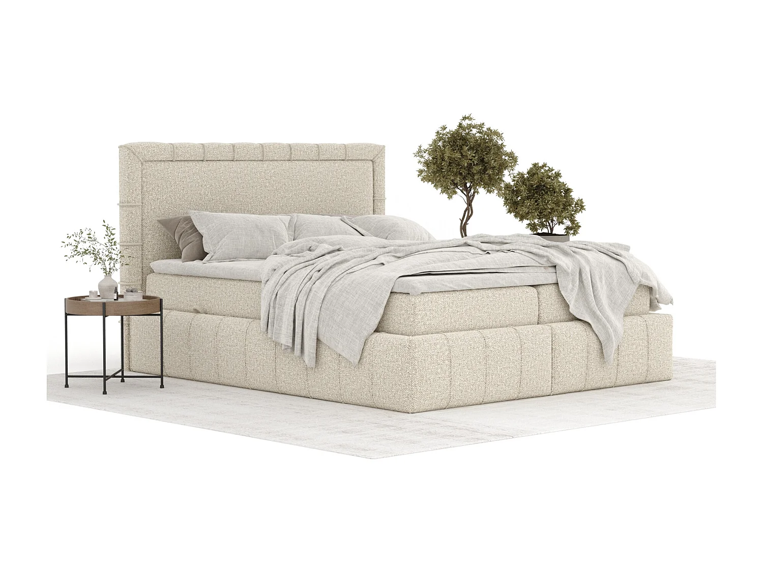 Boxspringbett aus Boucle-Stoff Sundown - Matratze - Toppermatratze - 140x200 cm - beige