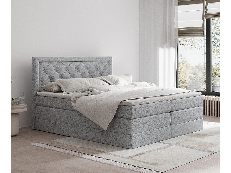 Łóżko boxspring w tkaninie plecionej Aurelia - materac - topper - 140x200 cm - szary