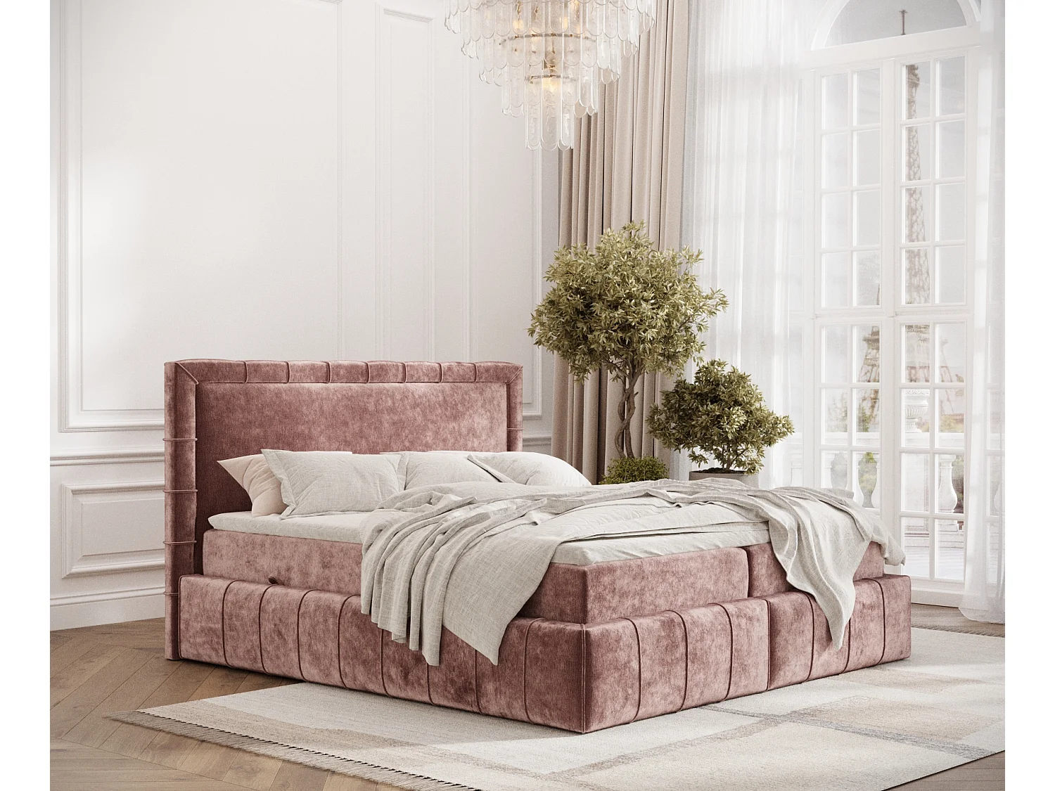 Boxspringbett aus Chenille-Stoff Sundown - Matratze - Toppermatratze - 200x200 cm - rosa