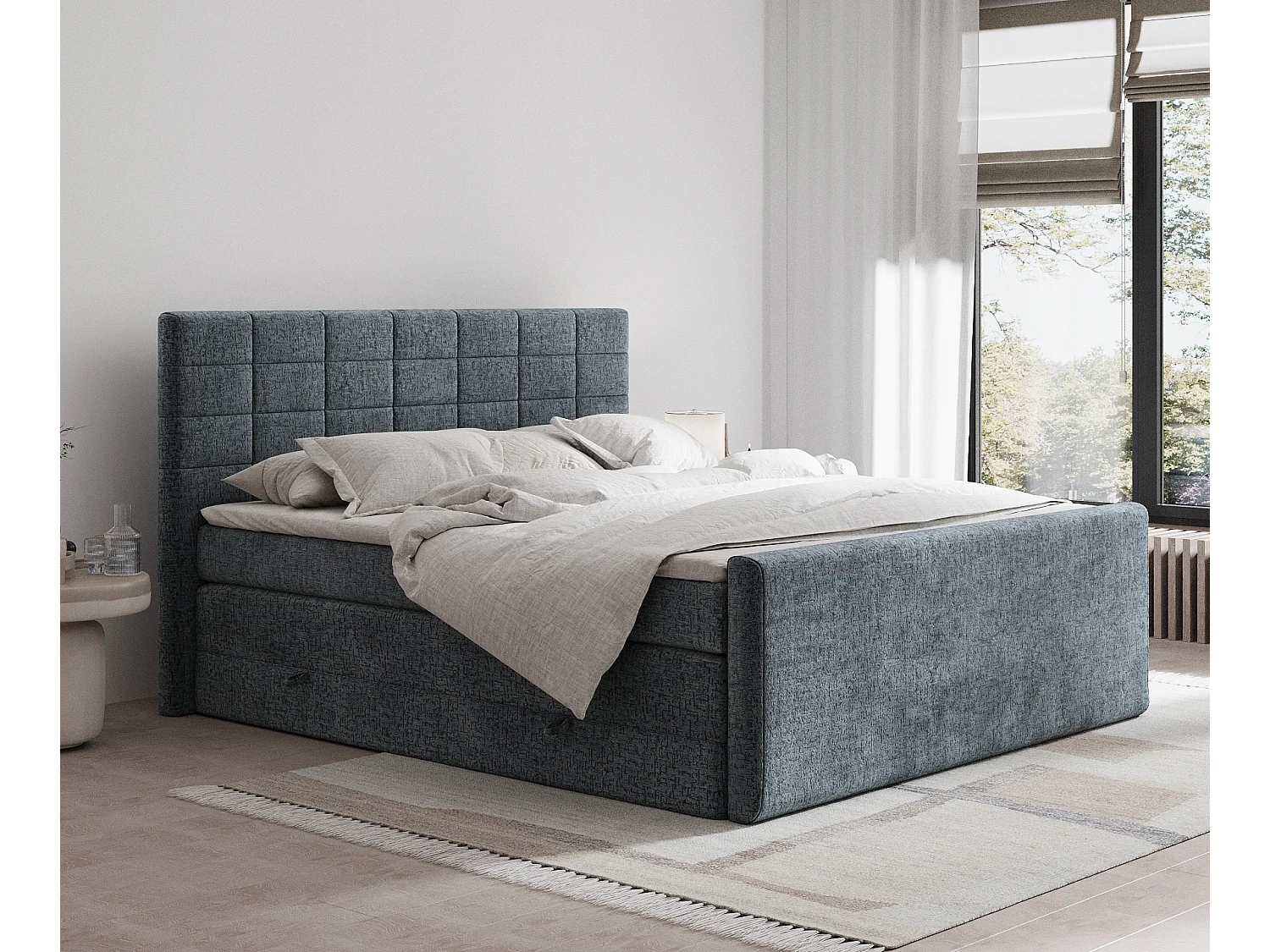 Boxspringbett aus Chenille-Stoff Ava - Matratze - Toppermatratze - 180x200 cm - grau