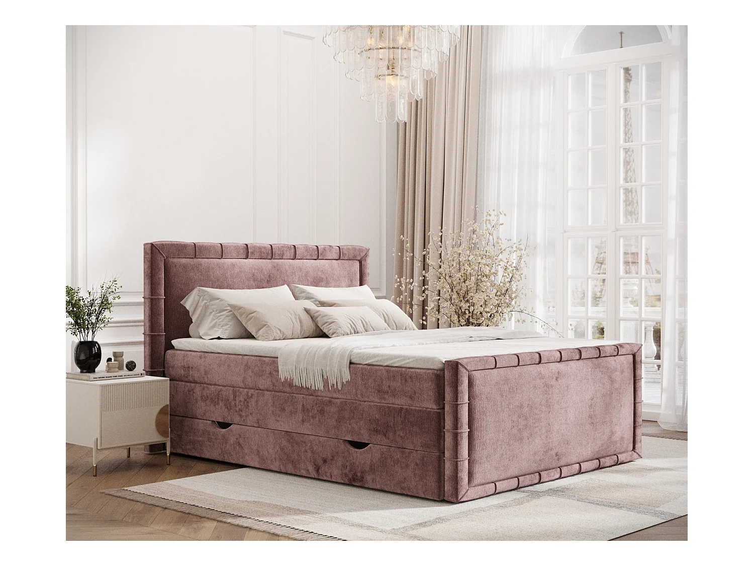 Lit boxspring en tissu chenille Estelle - matelas - surmatelas - 200x200 cm - rose