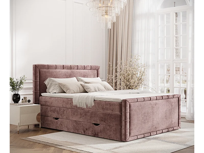 Lit boxspring en tissu chenille Estelle - matelas - surmatelas - 200x200 cm - rose