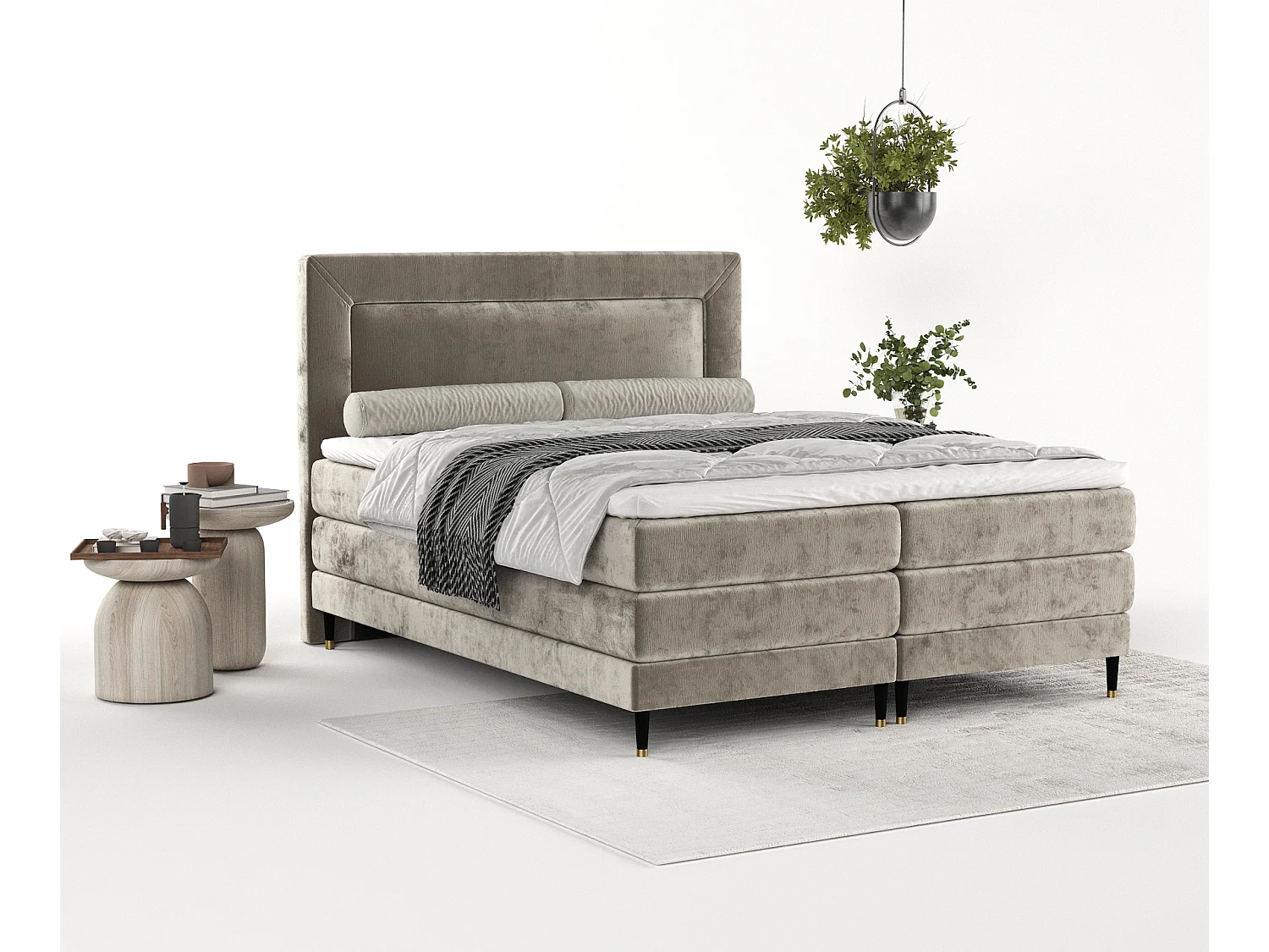 Łóżko boxspring w tkaninie szenilowej Madame - materac - topper - 180x200 cm - beżowy