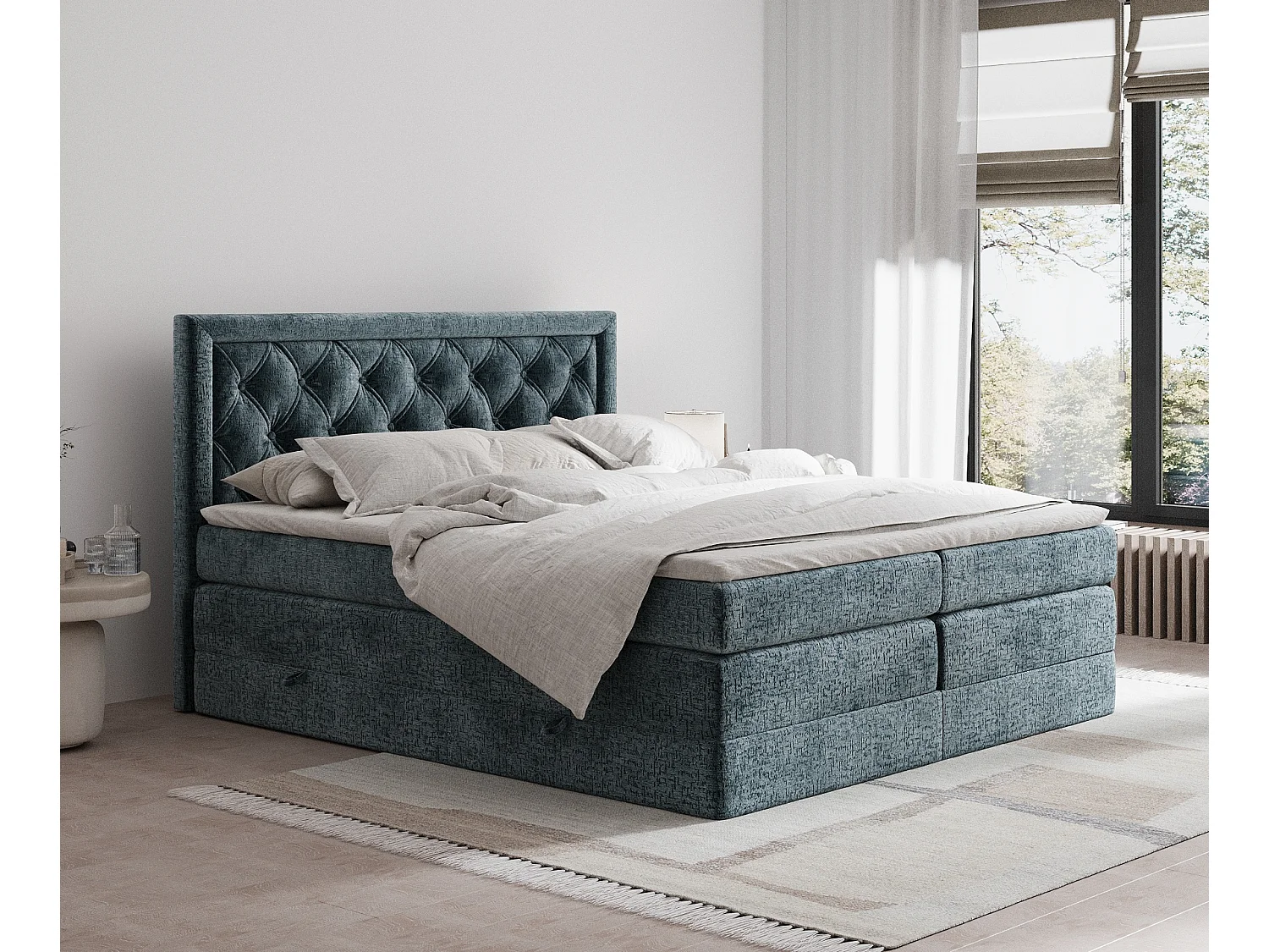 Boxspringbett aus Chenille-Stoff Aurelia - Matratze - Toppermatratze - 180x200 cm - blau