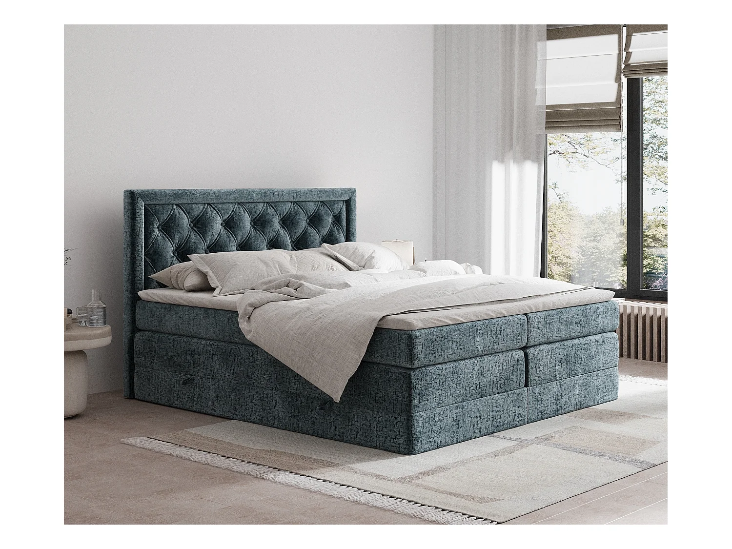 Lit boxspring en tissu chenille Aurelia - matelas - surmatelas - 180x200 cm - bleu